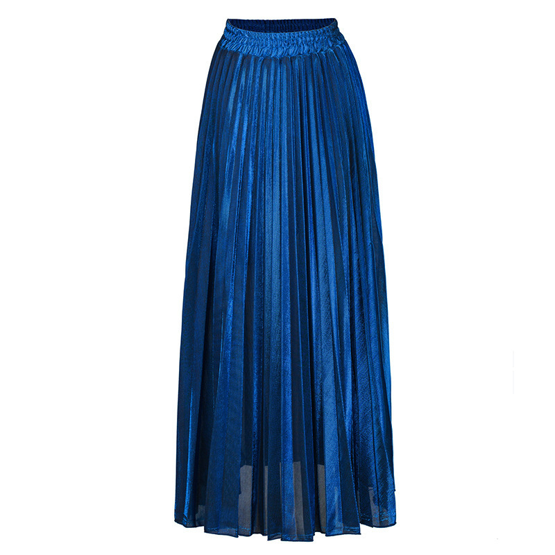 LANMREM autumn fashion women clothes high waist Aline pleated sliver vintage elastic long halfbody skirt WH28501XL 210306