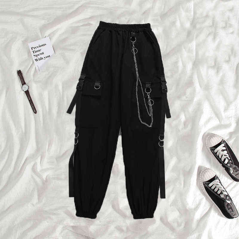 HOUZHOU Gothic Women Black Cargo Pants Harajuku Punk Chain Trousers Female Hip Hop Mall Goth Streetwear Techwear Egirl Grunge 211115