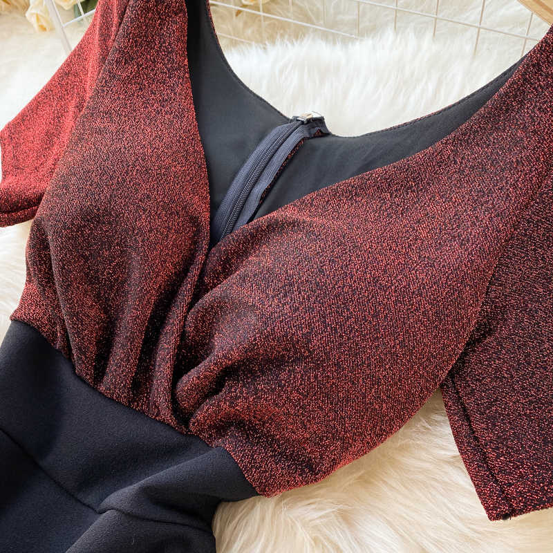 DEAT Summer Arrivals Solid Color Short Sleeve V-neck Bra Waist Slim Patchwork Temperament Sexy Dress MZ688 210709