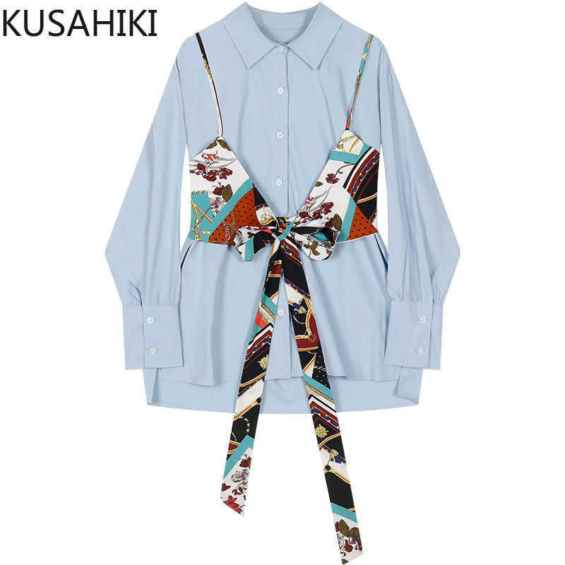 Spring Blouse Tops Medium-long Women Blusas Shirt + Floral Bow Bandage Sling Vest Korean 2pieces Sets 6F881 210603, Blue
Spring Blouse Tops Medium-long Women Blusas Shirt + Floral Bow Bandage Sling Vest Korean 2pieces Sets 6F881 210603, Blue