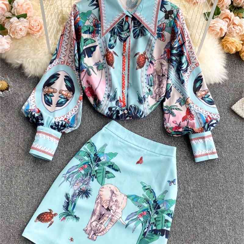 Spring Lapel Puff Sleeve Shirt + High Waist Slim Skirt Retro Print Set 210708