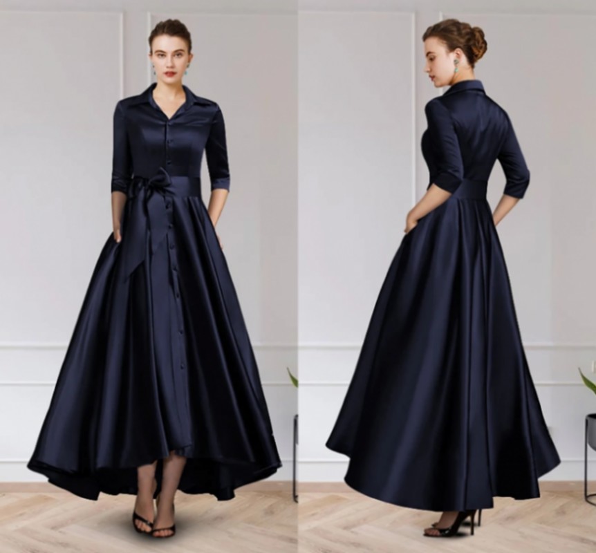 Navy Blue Buttons A-Line Evening Guest Dresses Plus Size Elegant Vintage V Neck Ankle Length Satin Prom Formal Gown 2022 Robe De Soiree Vestidos