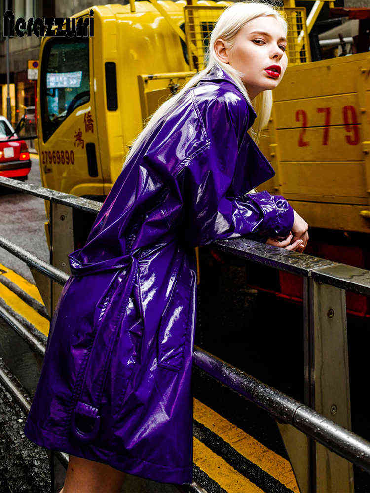 Nerazzurri Spring purple shiny womens patent leather trench coat belt raglan sleeve Oversized soft runway long coat women 211119