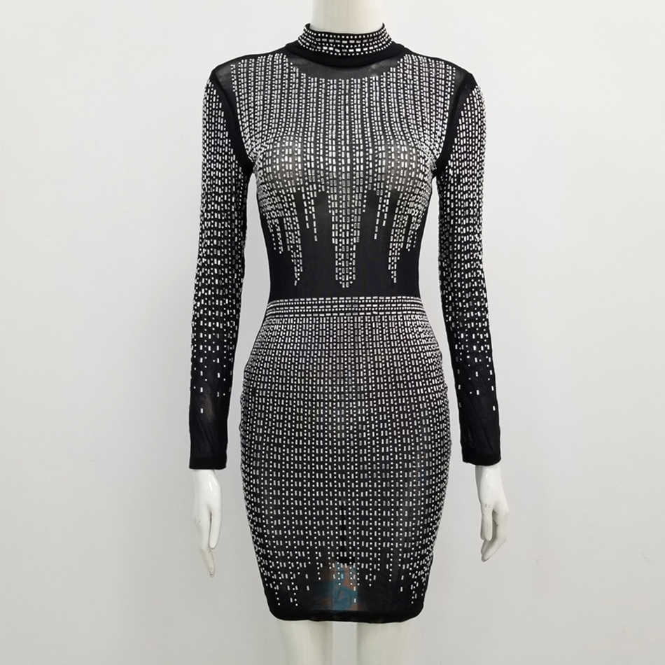 Ladies Summer Sexy Long Sleeve Mesh Beaded Glittering Black Khaki Bodycon Dress Elegant Party Vestidos 210525