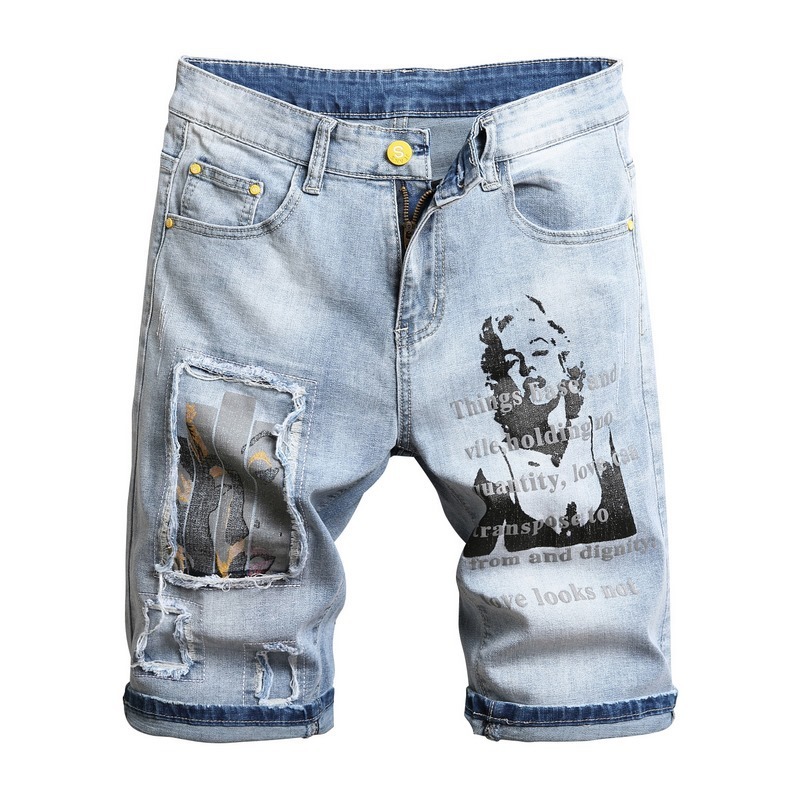 2021 New Men's Male Summer Monroe Character Printed Denim Shorts Fashion Letters Painted Holes Pathwork Ripped Jeans Light Blue Fyr2, Sky blue
2021 New Men's Male Summer Monroe Character Printed Denim Shorts Fashion Letters Painted Holes Pathwork Ripped Jeans Light Blue Fyr2, Sky blue
