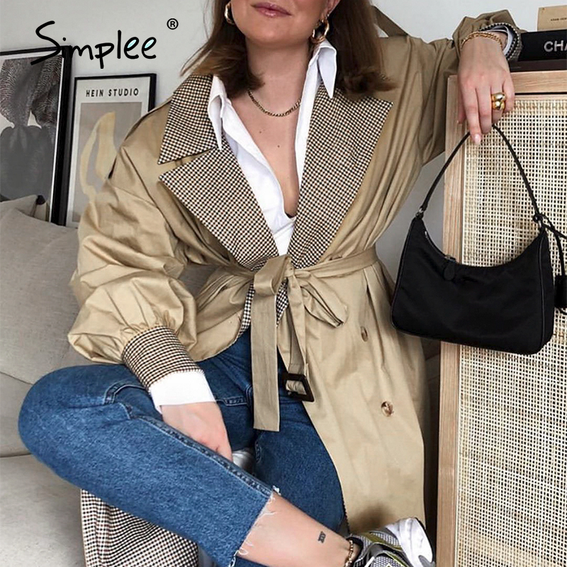 Simplee Causal light tan autumn women trench coat Split joint elegant long sleeve coat Plaid long coat with belt windbreaker 210218