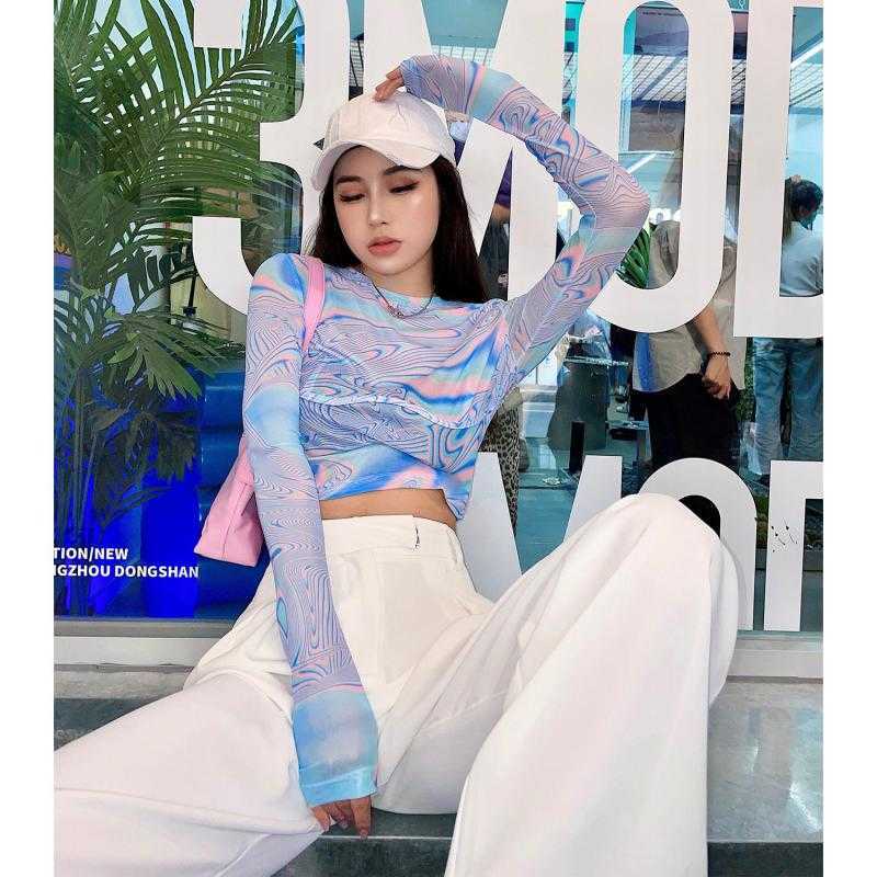 Yedinas Laser Color Tie Dye Crop Top Women Rainbow Gradient Long Sleeve T Shirts Futuristic Y2k Aesthetic Tops E Girl Dazzle Tee 210527