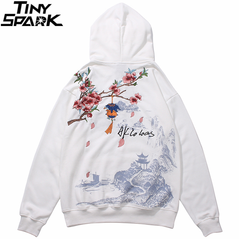 Hip Hop Men Streetwear Hoodie Japan Sakura Embroidery Wonderland Print Sweatshirt Autumn Casual Floral Hoodie Cotton Black 201020