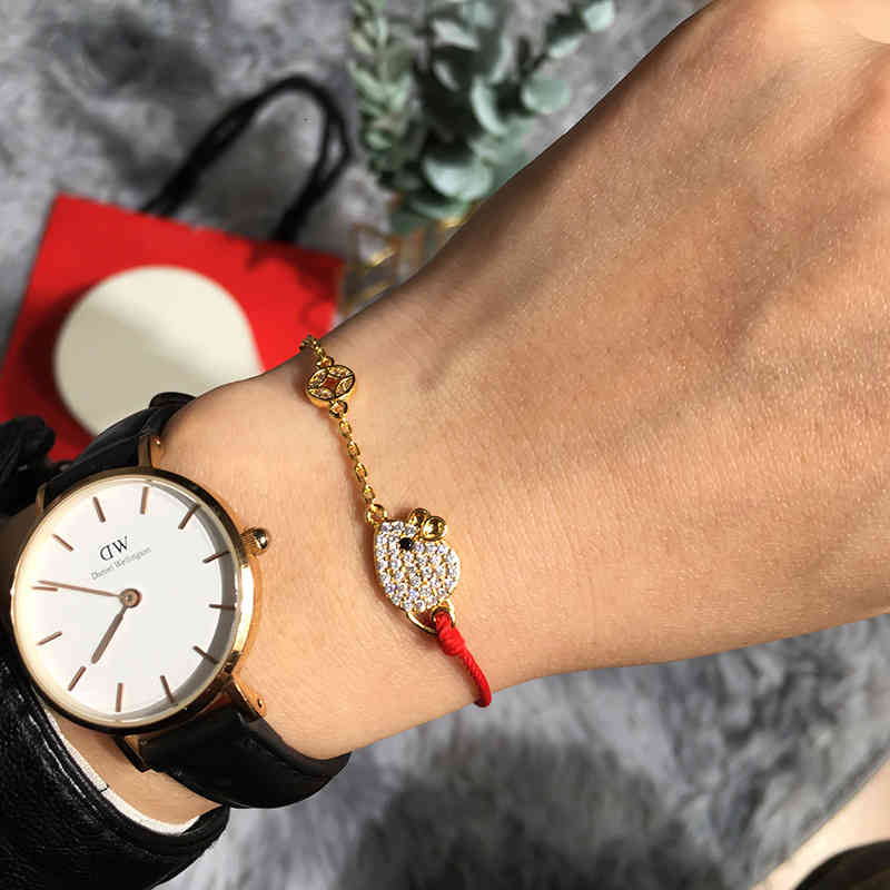 Charm Bracelets 56s925 Silver Diamond Inlaid Hand Woven Benmingnian Rope Transfer Mouse Gold Copper Coin Red Bracelet