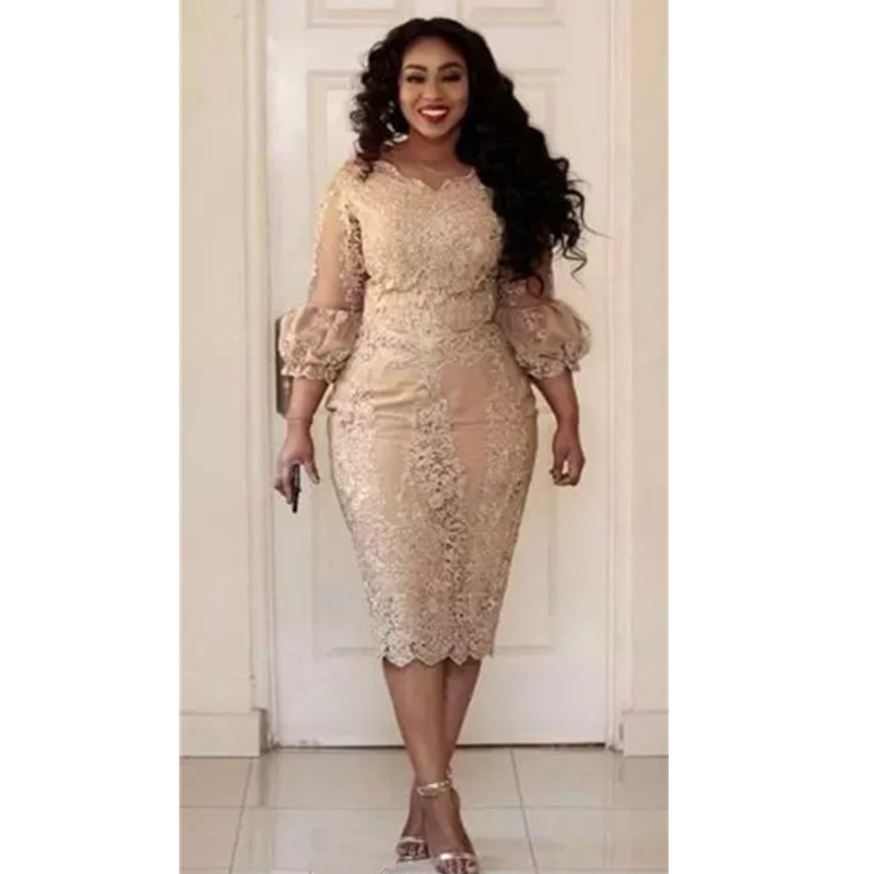 Champagne Short Lace Mother Of the Bride Dresses Plus Size 3/4 Long Juliet Sleeve Sheath Women Formal Party Gowns