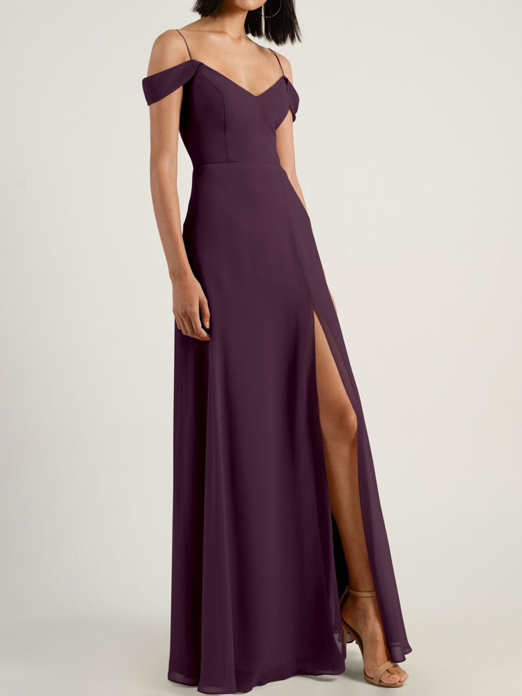 Chiffon Bridesmaid Dress Side Split Wedding Party Gowns Speghetti Zipper Back Burgundy,Black,Champagne,Grape,Sage