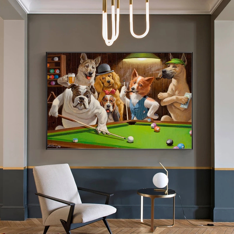 Funny Animal Poster Anime Cartoon Pet Dog Billiards Playing Balls Canvas Painting Modern Wall Art For Living Room Home Decor