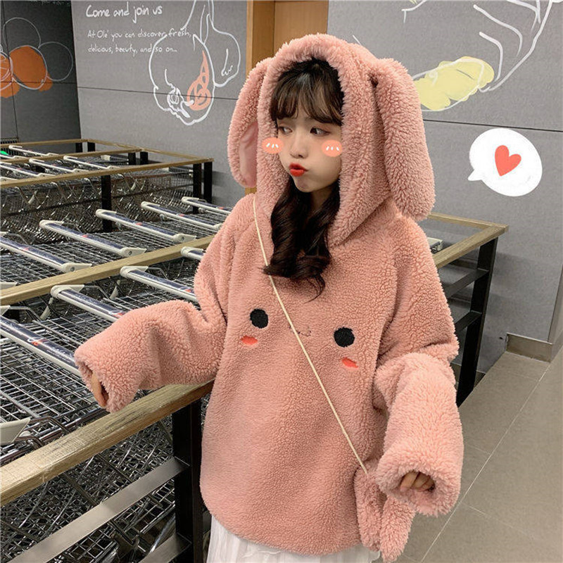 Bunny Hoody Women Cute Rabbit Ear Student Hoodie Long Sleeve Big Size Sweet warm coat Winter/Spring Fashion Streetwear Clothes 201102