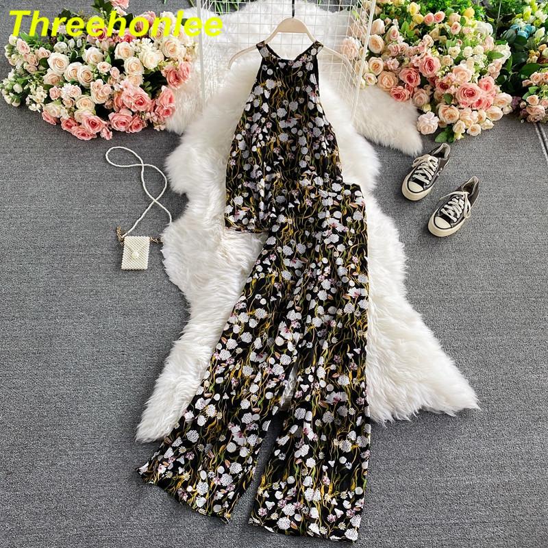 Women's Two Piece Pants Bohemian Summer Women Sets Vacation Beach Elegant Halter Sleeveless Chiffon Tops And High Waist Wide Leg Female