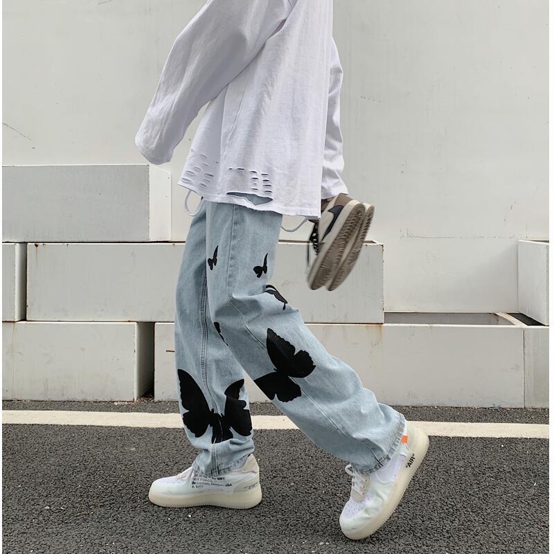 Men's Jeans Brand Clothing Male High Quality Printed Jeans/Mens Loose Butterfly Print Casual Jeans/femininity Hip-hop Style Trousers