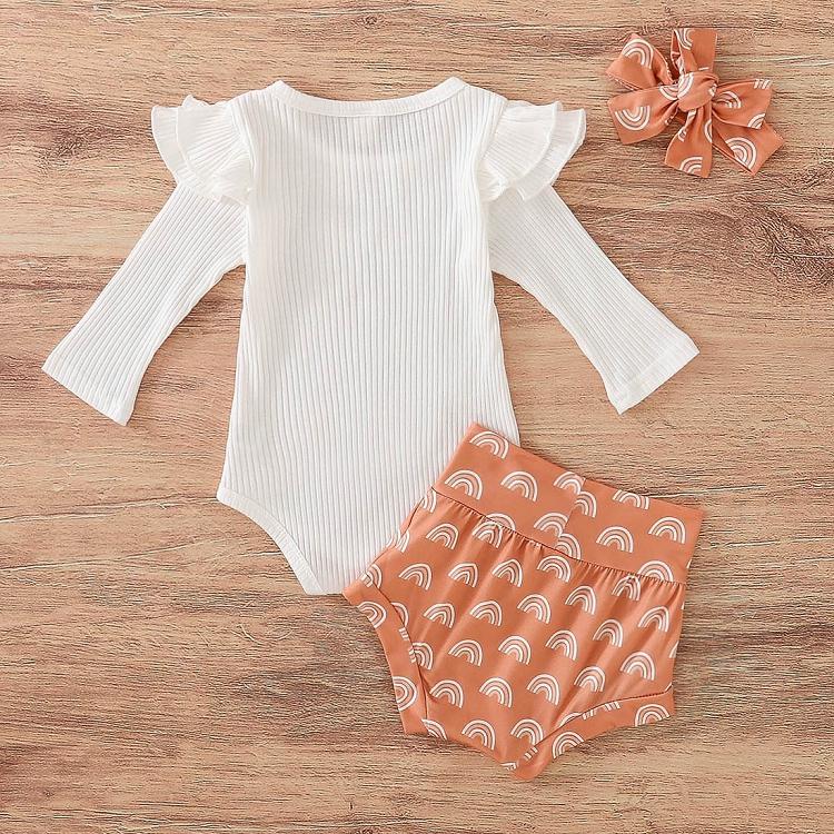 Newborn Romper clothing Sets Solid Color toddlers bodysuit Long Sleeve Tops Kids Rainbow Shorts With Bow Headband Toddler Baby outfits