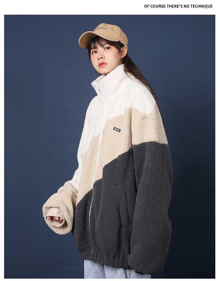 Qooth Ins Trendy Women's Winter Jacket Warm Zip Up Fur Coat Woolen Pocket Loose Style Oversized Patchwork Thick Coats S-XL QT303 210609