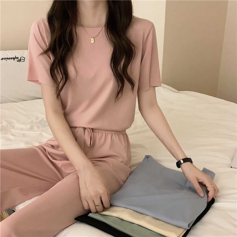 QWEEK Summer Suit for Women French Solid Color Ice Silk Sleepwear Pajamas Two Piece Set Home Wear Nightwear Comfortable Pyjamas 210924