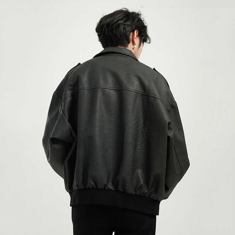 IEFB Men's Autumn Winter Locomotive Leather Waterproof Motorcycle Jacket Black Short Style Zip Up Jackets Lapel 9Y8566 211018