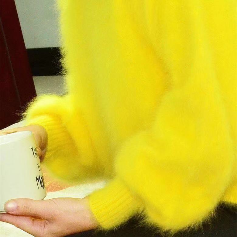 Elegant Fashion Fluffy short women winter 100% long mink cashmere angora fur warm lantern batwing long sleeves Pullover sweater 210218