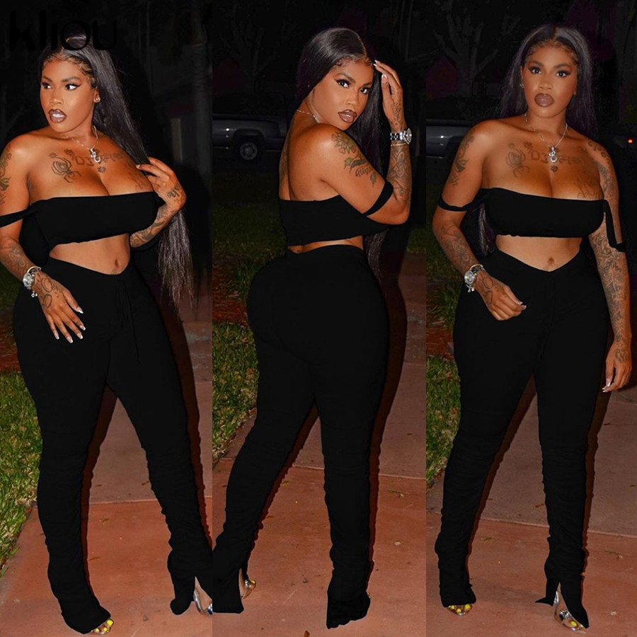 Kliou tracksuit women fitness slash nec camisole crop topstacked pants elastic hight summer activewear casual outfit 210302