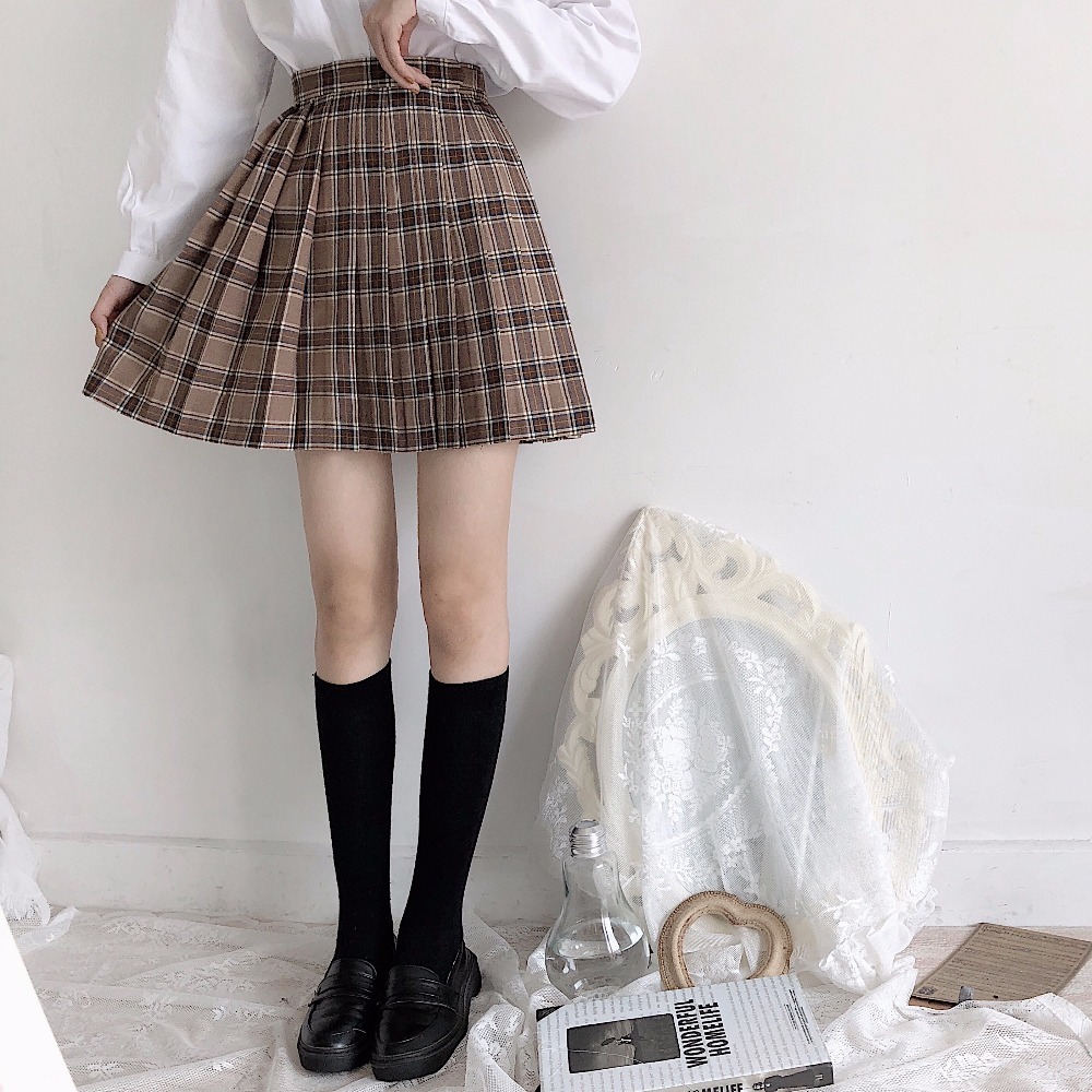 Japanese Preppy Style Orthodox Pleated Skirt School Student JK Uniform Short Skirts Grid Hight Waist Women's Pocket Bust skirt 210306