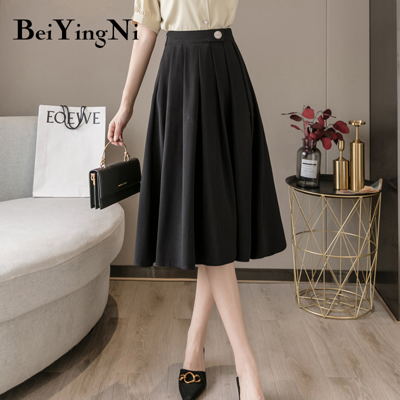Beiyingni Elegant Pleated Women Skirt Midi Solid Color Work Wear Vintage Fashion High Waist Skirts Casual Black Jupe Femme 210309