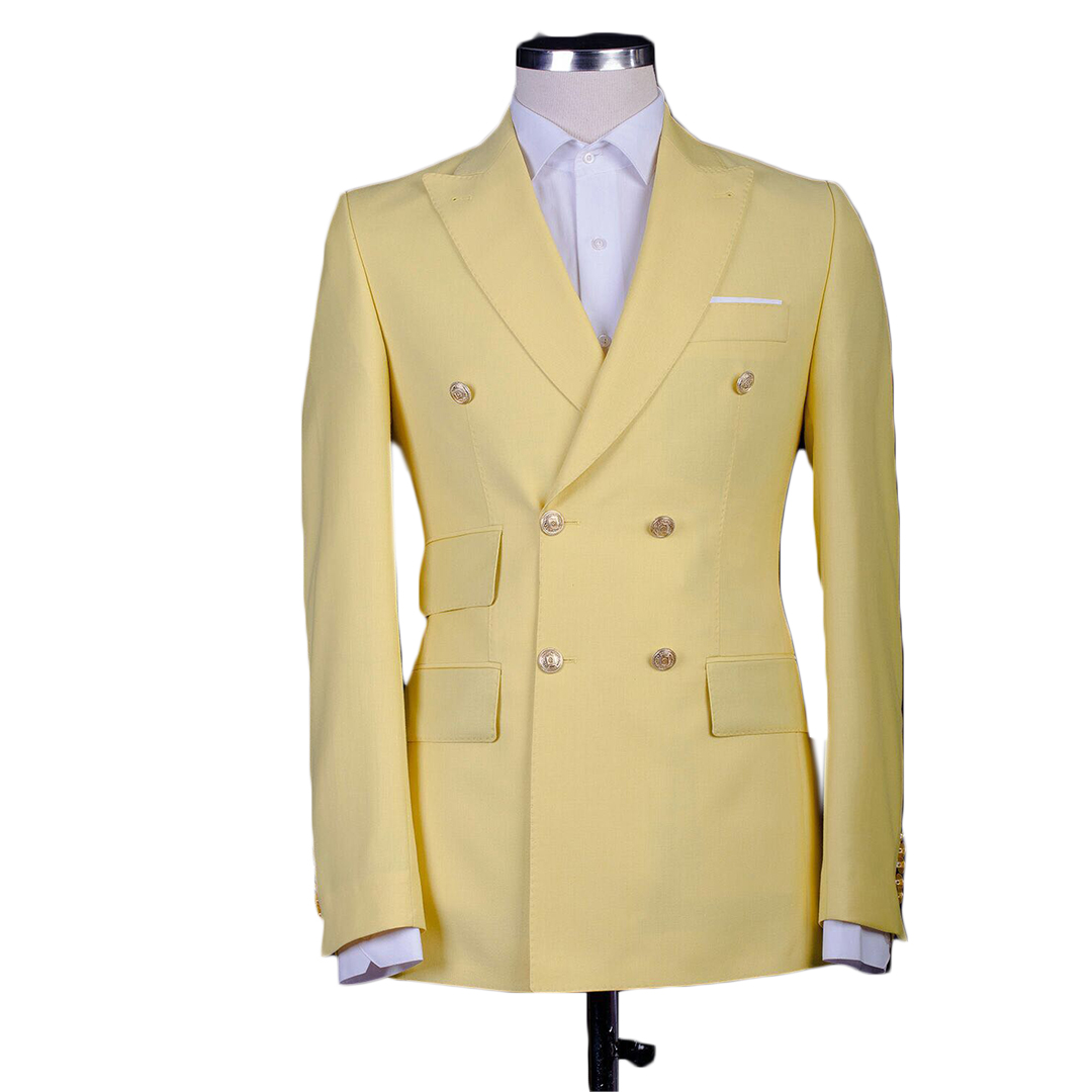 Business Mens Tuxedos Yellow Groom Double Breasted Wedding Blazer Suits Formal Prom Party Pants Coat(Jacket+Pants)