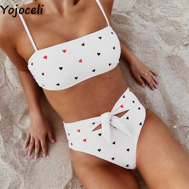 Yojoceli Elegant heart print bow swimming suit for women Summer beach cool swimwear girl Sexy strap 2 pieces tankini 210609