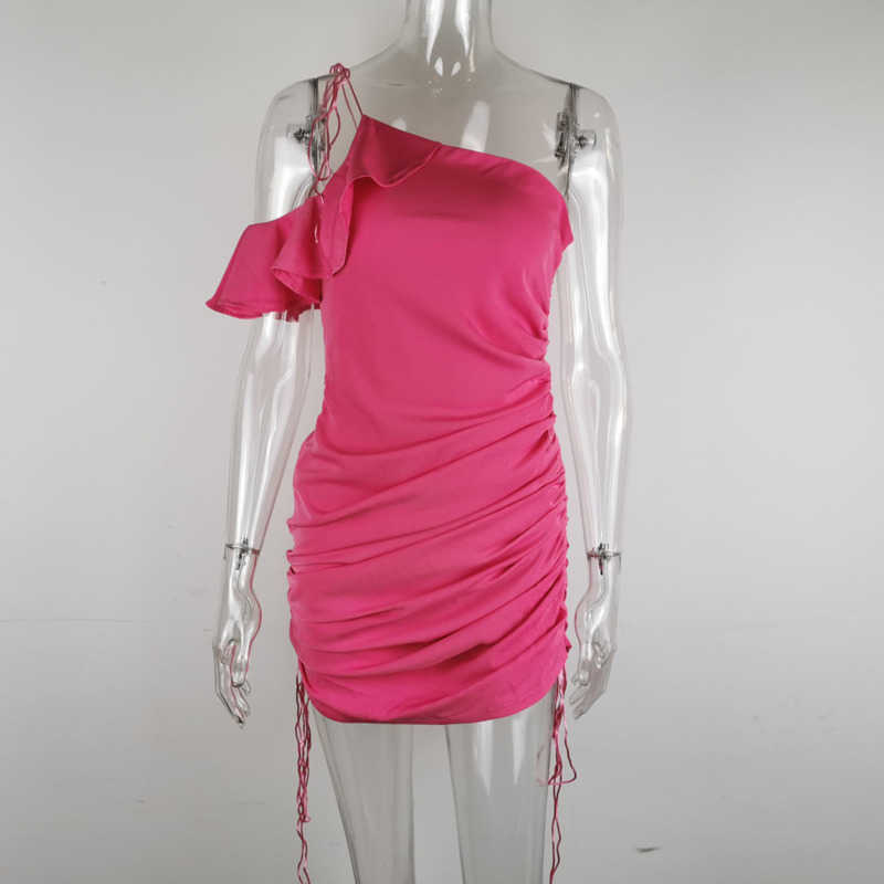 DEAT Women Drawstring Ruffles Dress Diagonal Collar Sleeveless Arrivals Lady Sexy Temperament Fashion Spring Summer 210709