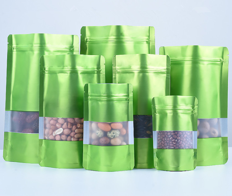 100pcs Doypack Matte Green Window Zip Lock Aluminum Foil Bag Stand up Resealable Meat Coffee Powder Snack Nuts Xmas Wedding Gifts Heat Sealing Packagi