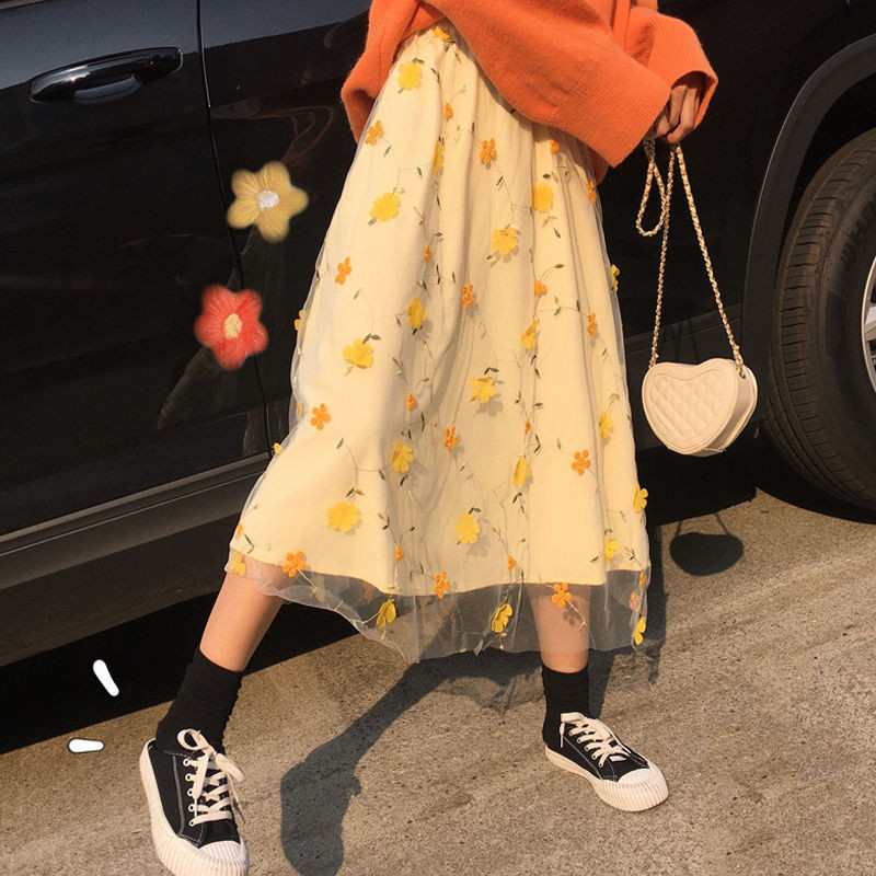 Yellow 3D Flower Lace Skrit Women High Waist Mesh Long Skrit Female elegant Midi tulle skirt Sweet Cute Student School Wear saia 210309