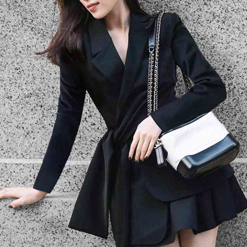 DEAE summer fashion casual Turn-down Collar black high waist slim long sleeve bow Suit blazer Skirt women SB309 210708
