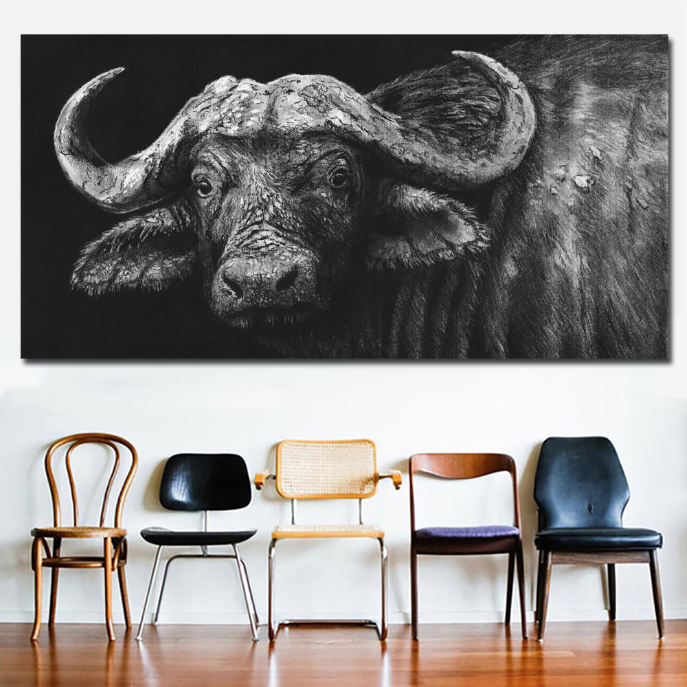 Modern wall art buffalo in charcoal cropped Black Painting Prints on canvas No frame Pictures Home Decor For Living Room