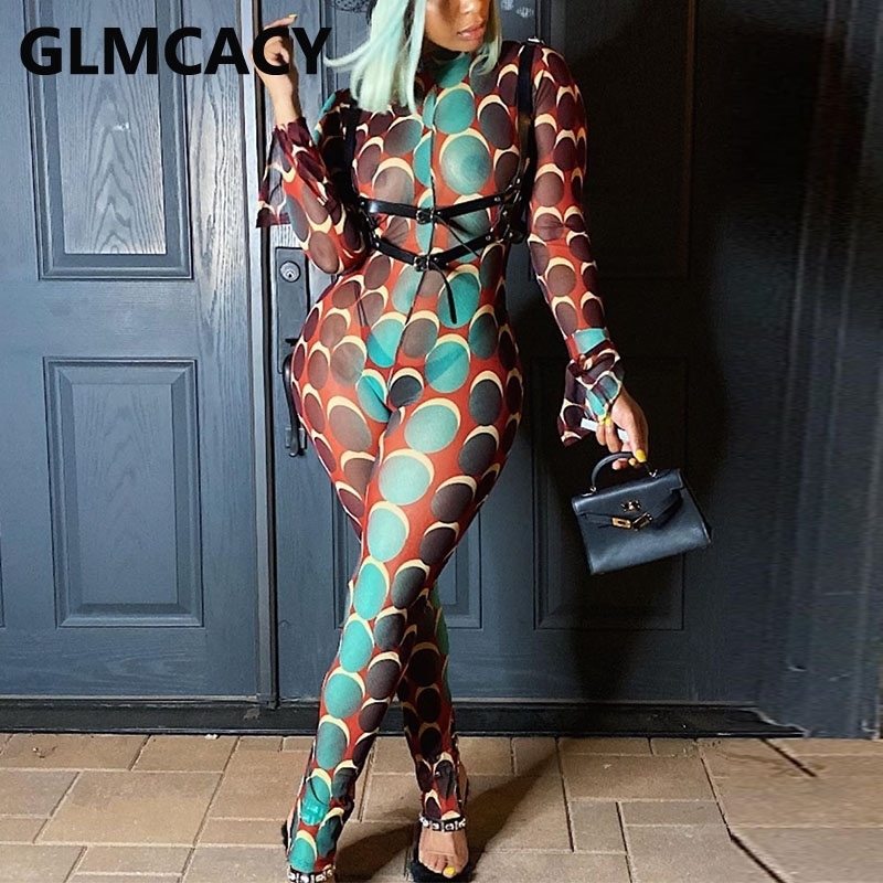 Womnen Long Sleeve Mesh Jumpsuit Skinny Fall Chic Jumpsuits 201007