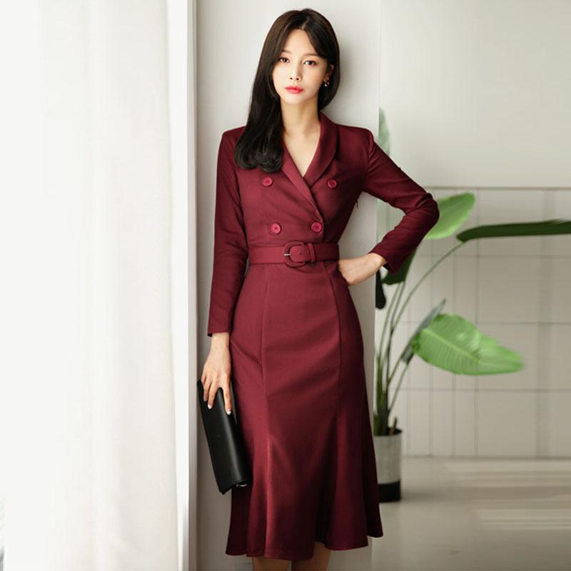Casual Dresses Office Ladies V-neck Double Breasted Blazer Trumpet Dress Belted Women Business Slim Mermaid
