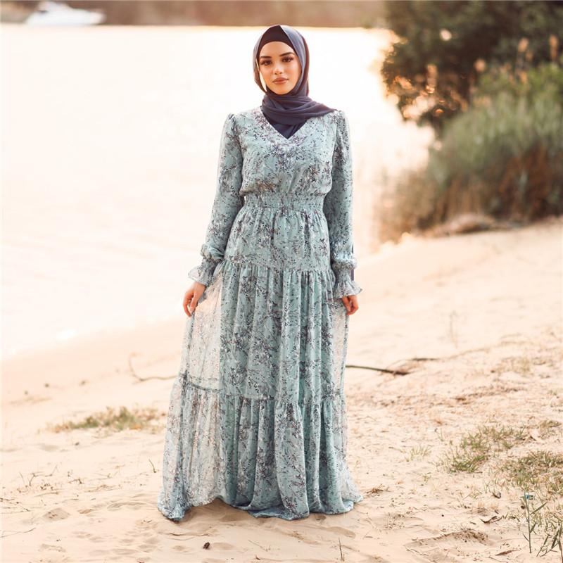 Casual Dresses Summer Women V-Neck Shestyle Stretchy Ruffle Long Sleeve Plush Waistband Elastic Elegant Boho Floral Print Maxi Beach Dress 2
