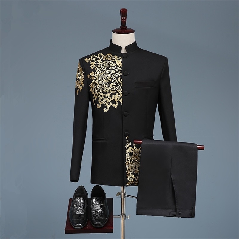 Black White Men's Suits Chinese style Gold Embroidery Blazers Prom Host Stage Outfit Male Singer Teams Chorus Wedding DS Costume 211120