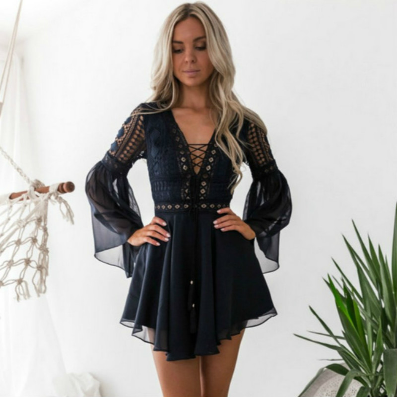 Dress Women Fashion White Black Hollow Out Lace V-neck Strap Long Sleeve Chiffon Dress Mini Dresses Casual For Elegent Lady 210303