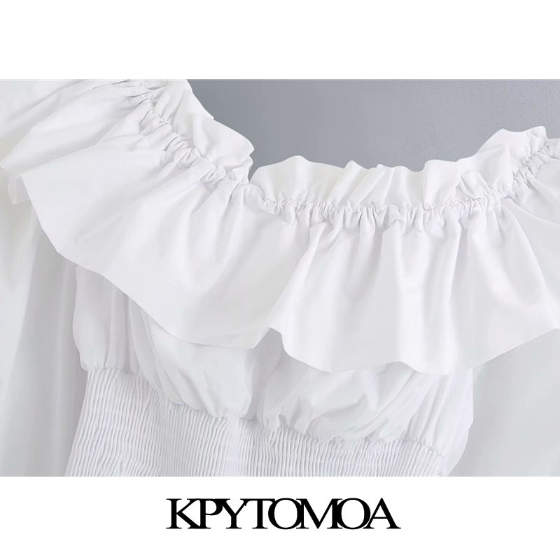 KPYTOMOA Women Sweet Fashion Ruffled Trims Cropped Blouses Vintage Slash Neck Smocked Hem Female Shirts Blusas Chic Tops 210225