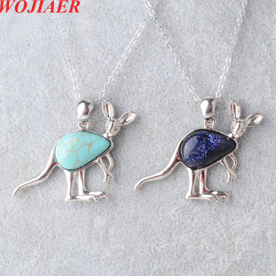 WOJIAER New Cute Animal Kangaroo Pendant Necklaces Water Drop Natural Stone Pink Quartz Crystal Fashion Jewelry for Women Girls BE907