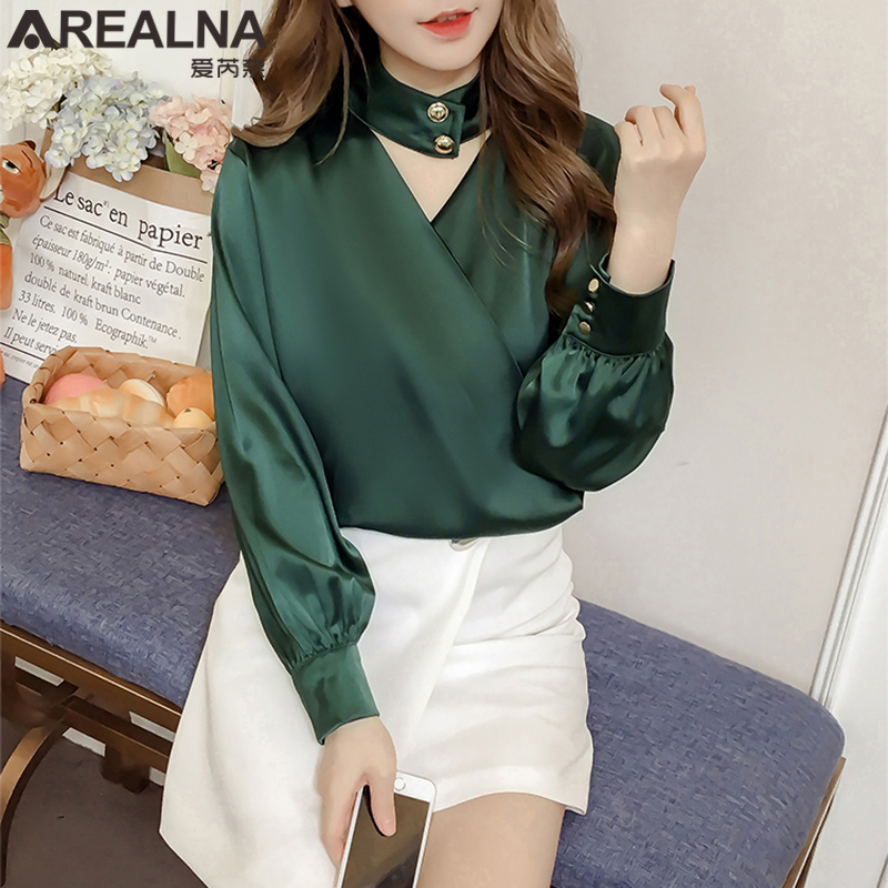 Satin Slik Elegant Blouse Shirt Women Korean Fashion Clothing Long Sleeve Female Blouses White Green Work Tops Chic Blusas Mujer 210225