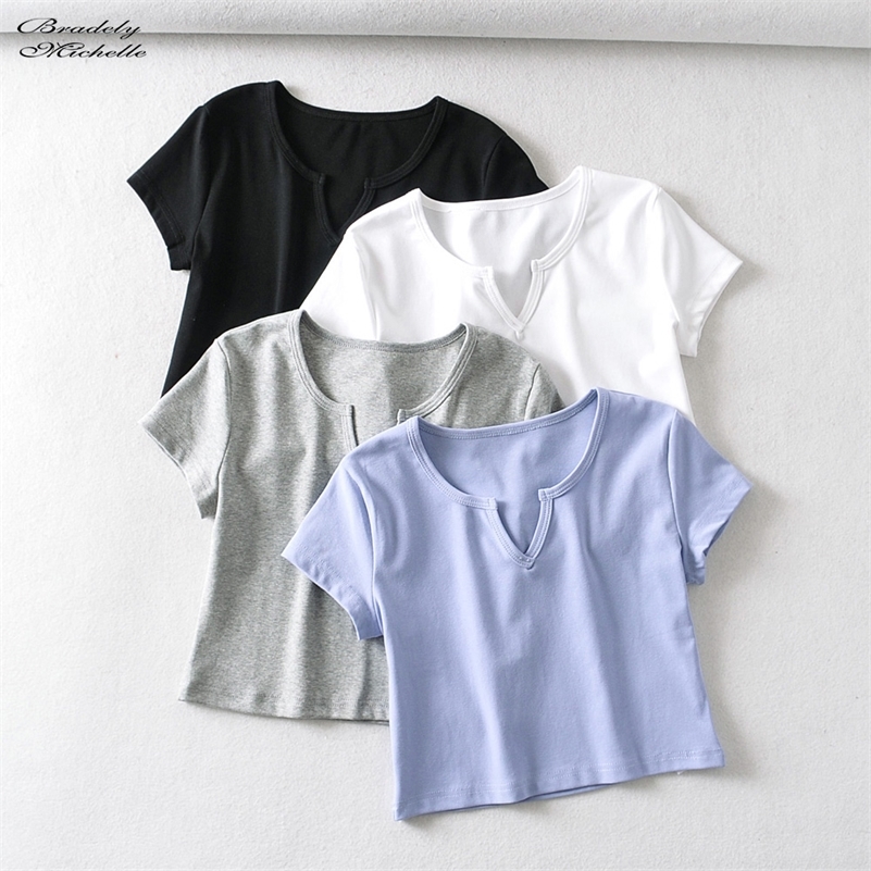 Bradely Michelle Summer women casual basic crop top high-quality Elastic solid cotton short sleeve v-neck harajuku t shirt 210306