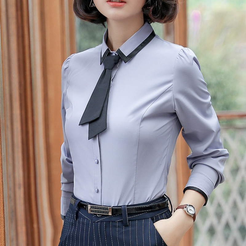 New Fashion Women Shirt Autumn Formal Elegant Patchwork Tie Long Sleeve Slim Blouse Office Ladies Work Wear Plus Size Tops 210225