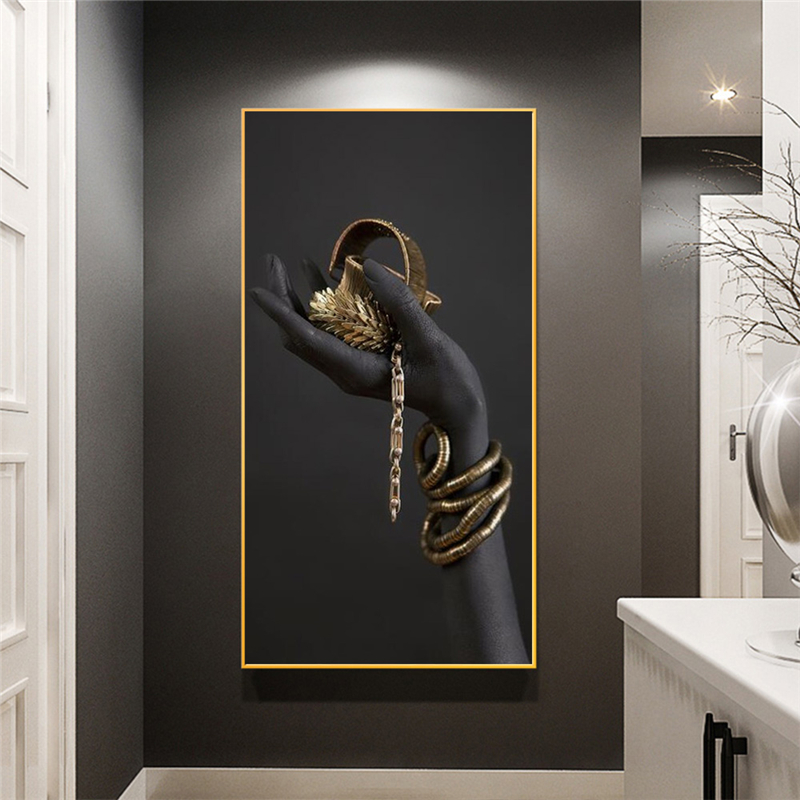 Black Woman's Hand Print Canvas Painting Gold Jewelry Posters And Prints Cuadros African Wall Art Pictures Home Decoration Mural