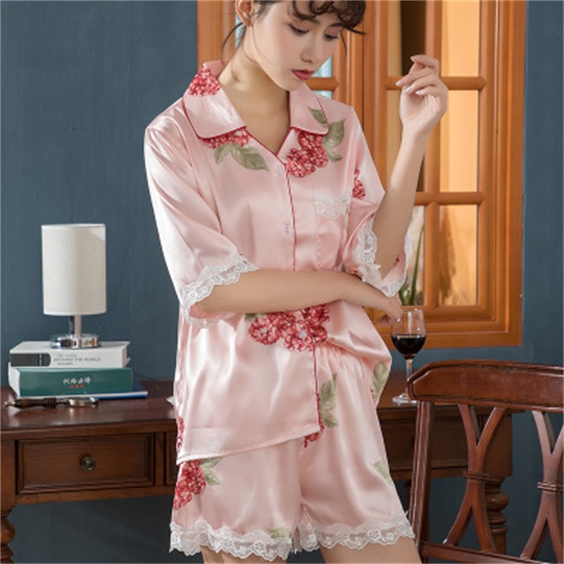 2 Pieces Pyjamas Women Silk Stitch Lace Pijamas Set Silk Feeling Short SleeveSleepwear Pajamas for women Pijama Feminino Pyjama T200429