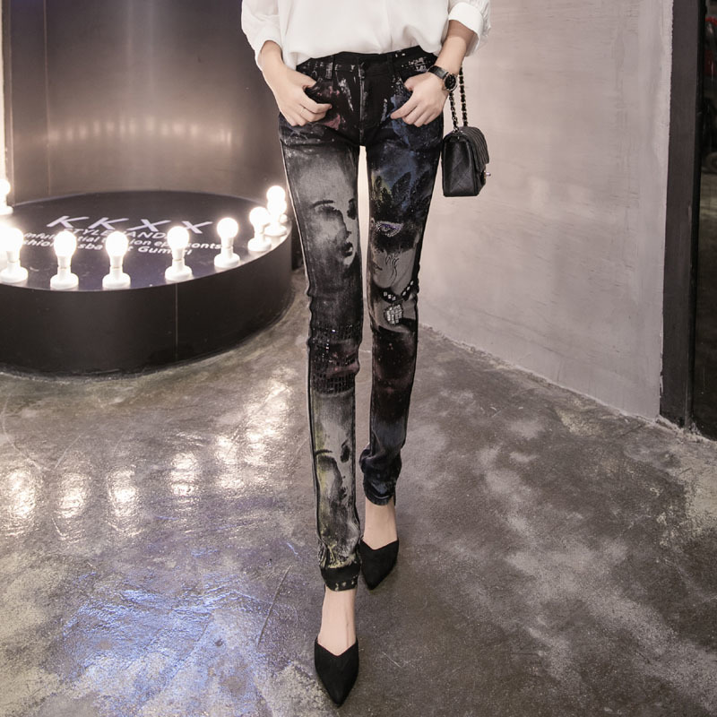 Eastic Pencil Tight Vintage Skinny Jeans Black jean Women Street Style Long Skinny Pants With Painted Ladies Jeans Leggings 210222