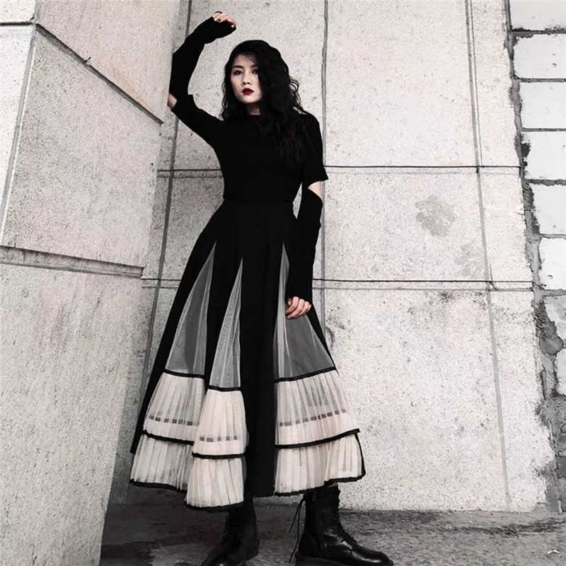 Vintage Elastic High Waisted Pleated Skirt Women Mesh Half Body A-line Long Bubble tulle Skirts Elegant Spring Summer 210619wtt