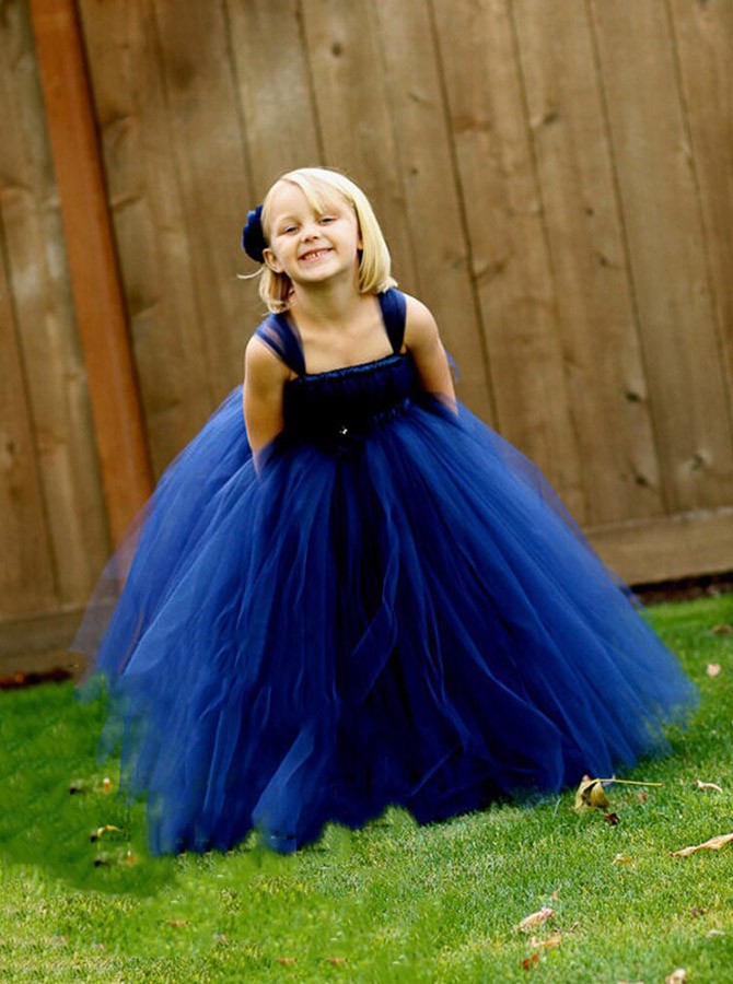 2021 Blue Beautiful Lace Flower Girls Dresses For Wedding Tulle Spaghetti Ankle Length A Line Communion Dress