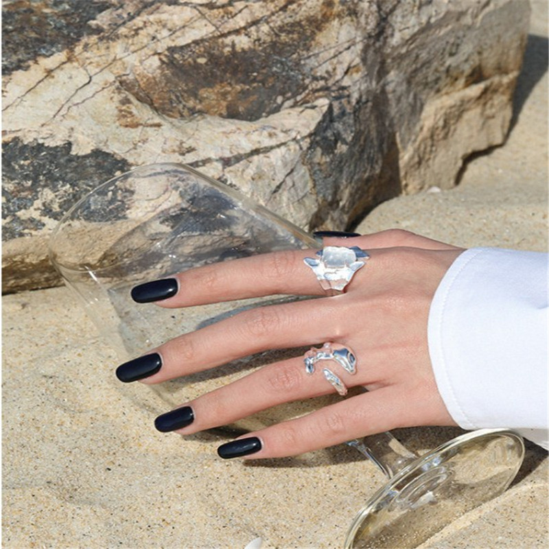 100% 925 Sterling Silver Geometric Rings New Punk Style Irregular Wide Surface Open Size Micro White Crystal Wedding Ring